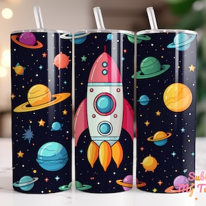 Outer Space Rocket Ship Tumbler, Kids Tumbler, 20oz Skinny Tumbler Sublimation Design, Straight & Tapered Tumbler Wrap, Digital Download PNG
