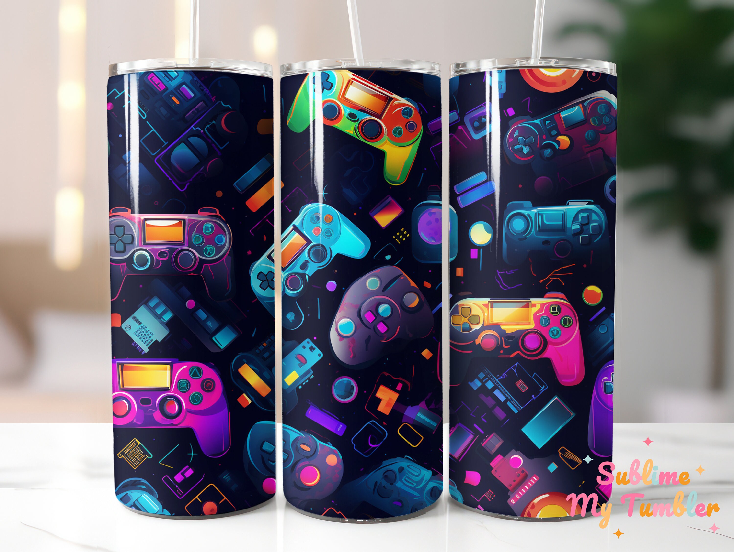 Gaming Controller Tumbler Wrap: Neon Video Game, 20oz Skinny Tumbler ...
