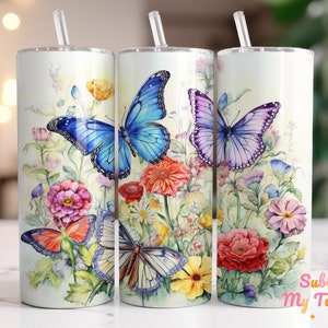 Butterflies In Flowers Tumbler Wrap Butterfly 20oz Skinny Tumbler Sublimation Design Straight And Tapered Tumbler Wrap Digital Download PNG
