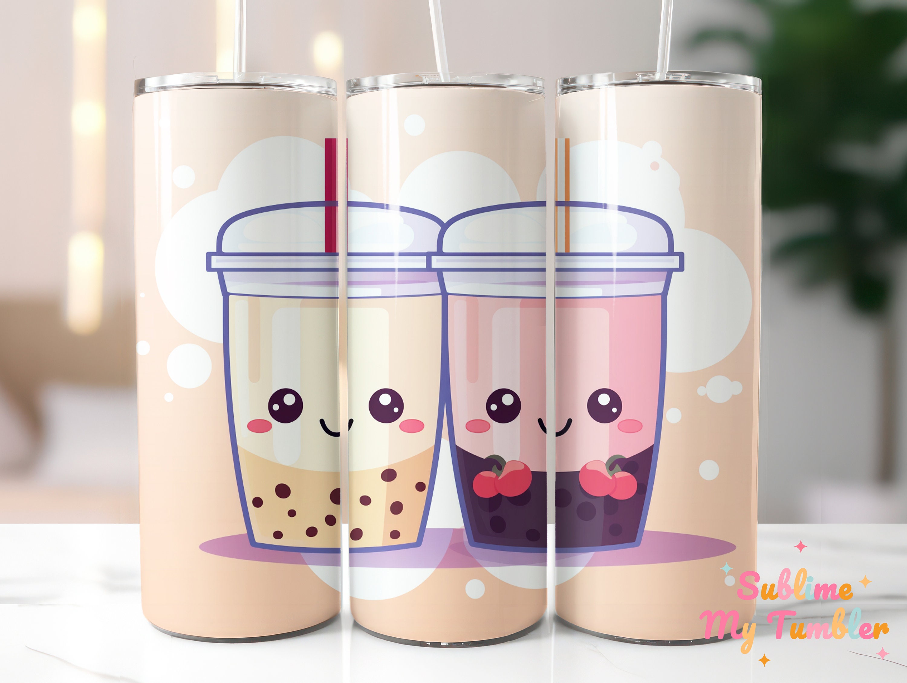 Kawaii Cute Bubble Tea Tumbler Wrap, Boba PNG, 20oz Skinny Tumbler