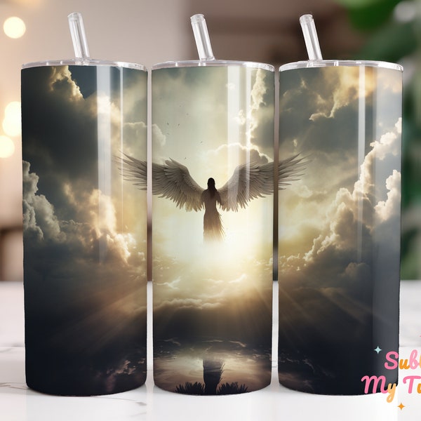 Angel Over The Clouds, Guardian Angel, 20oz Skinny Tumbler Sublimation Design, Straight & Tapered Tumbler Wrap, Digital Download PNG