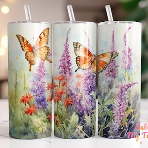 Butterflies Tumbler Wrap Floral Landscape 20oz Skinny Tumbler Sublimation Design Straight And Tapered Tumbler Wrap Digital Download PNG