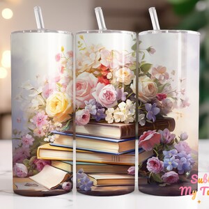 Book And Flowers Tumbler Wrap Book Watercolor 20oz Skinny Tumbler Sublimation Design Straight And Tapered Tumbler Wrap Digital Download PNG