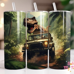 A T-Rex Chasing A Car Tumbler Wrap Dinosaur 20oz Skinny Tumbler Sublimation Design Straight And Tapered Tumbler Wrap Digital Download PNG
