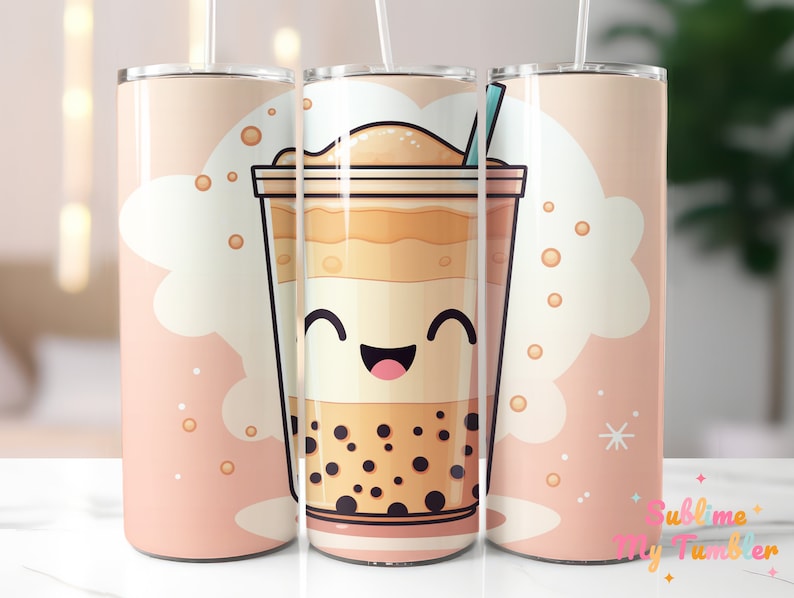 Kawaii Bubble Tea Tumbler Wrap, Boba Tumbler, 20oz Skinny Tumbler