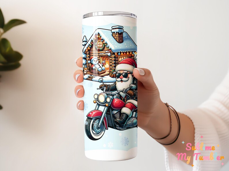 Santa Motorcycle Tumbler Wrap Biker Christmas 20oz Skinny Tumbler