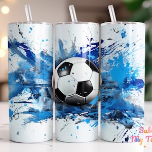 Envoltura para vaso de fútbol, balón de fútbol azul, deportes, vaso delgado de 20 oz, diseño de sublimación, envoltura para vaso recto y cónico, descarga digital PNG