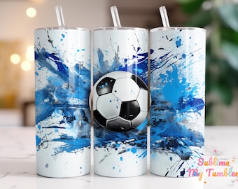 Envoltura para vaso de fútbol, balón de fútbol azul, deportes, vaso delgado de 20 oz, diseño de sublimación, envoltura para vaso recto y cónico, descarga digital PNG