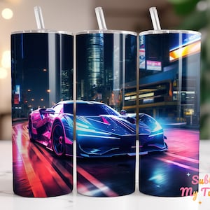 Envoltura de vaso de neón para coche, regalo de supercoche para hombre, diseño de sublimación de vaso delgado de 20 oz, envoltura de vaso recta y cónica, descarga digital PNG