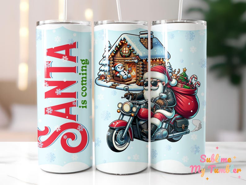 Santa Motorcycle Tumbler Wrap Biker Christmas 20oz Skinny Tumbler