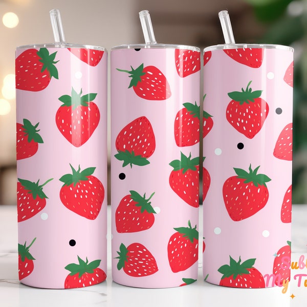 Illustration de fraises, modèle sans couture, conception de sublimation de gobelet maigre de 20 oz, enveloppement de gobelet droit et conique, téléchargement numérique PNG