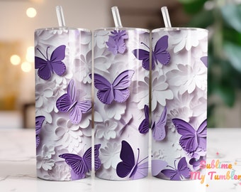 Schmetterlingsblumen Becher 3D Lila Weiß 20 Unzen Skinny Tumbler Sublimation Design, gerader und konischer Tumbler Wrap, digitaler Download PNG