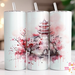 Asian Temple Tumbler Wrap Japan Temple Watercolor 20oz Tumbler Sublimation Design Straight And Tapered Tumbler Wrap Instant Download PNG