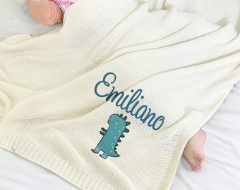 Personalized Baby Blanket, Dinosaur Baby Blanket, Custom Name Blanket, Soft Cotton Knit Baby Blanket, Gift for Newborns Baby Shower Gift