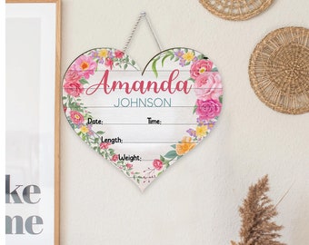 Personalized Heart Flower Baby Name Signs for Nursery Decor, Wood Birth Stat Sign for Daughter Photography Prop Baby Shower Gifts