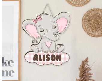 Personalized Pink Elephant Baby Name Signs for Nursery Decor, Wood Birth Stat Sign for Daughter Photography Prop Baby Shower Gifts