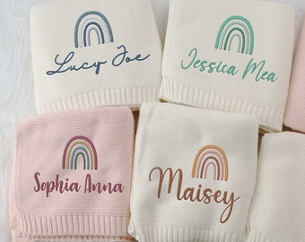 Custom Name Baby Blanket, Embroidered Baby Blanket, Rainbow Baby shower Gift, Stroller Blanket, Cozy Soft Cotton Knit Blanket Baby Gift