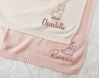 Personalized Baby Blanket, Custom Name Embroidered Baby Blanket, Animal Baby Blanket, Baby shower Gift, Stroller Blanket, Soft Knit Cotton