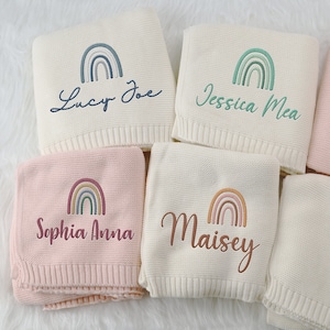 Custom Name Baby Blanket, Embroidered Baby Blanket, Rainbow Baby shower Gift, Stroller Blanket, Cozy Soft Cotton Knit Blanket Baby Gift image 1