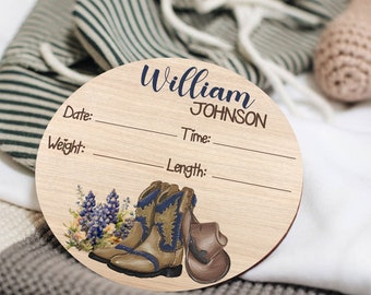 Personalized Baby Name Signs for Nursery Decor, Cowboy Baby Birth Announcement, Wood Birth Stat Sign for  Photography Prop Baby Shower Gifts