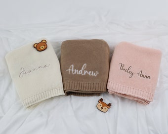 Personalized Knit Baby Blanket, Embroidered Baby Blanket, Stroller Blanket, Baby shower Gift, Soft Cotton Knit, Gift for Newborns