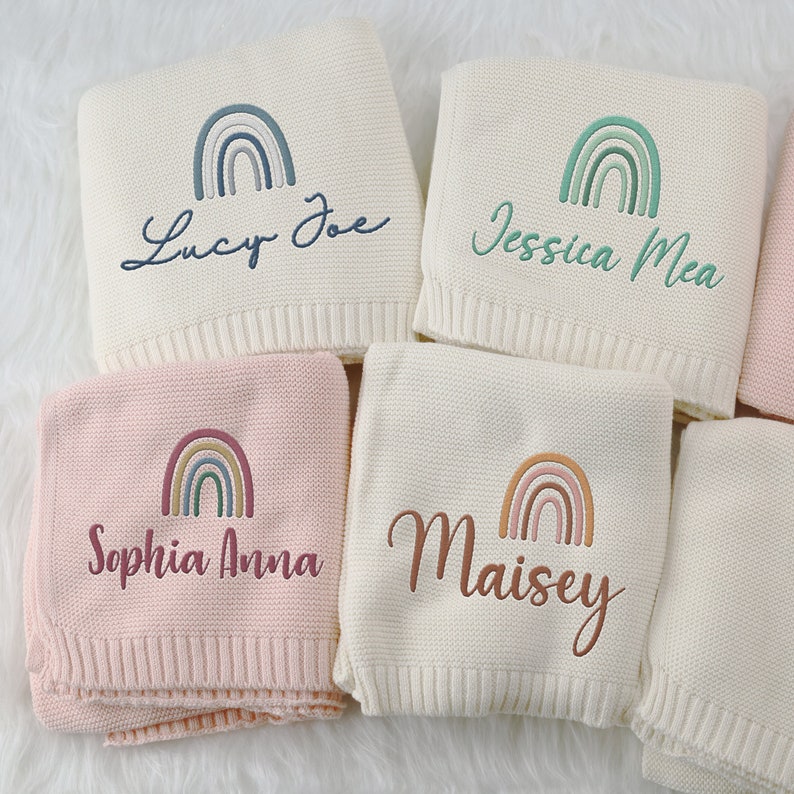 Custom Name Baby Blanket, Embroidered Baby Blanket, Rainbow Baby shower Gift, Stroller Blanket, Cozy Soft Cotton Knit Blanket Baby Gift image 1