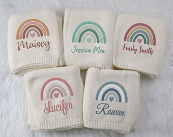 Rainbow Embroidered Baby Blanket, Custom Name Baby Blanket, Personalized Baby shower Gift, Stroller Blanket, Cozy Soft Cotton Knit Baby Gift