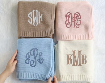 Personalized Baby Blanket, Monogram Name Embroidery, Initial Name Swaddle Blanket, Soft Breathable Cotton Knit, Baby shower Gift