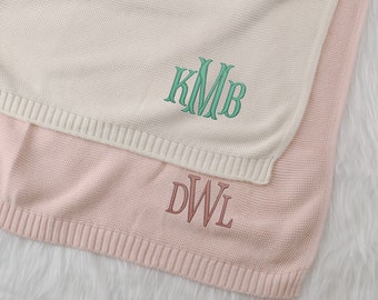 Couverture personnalisée pour bébé, nom monogramme brodé, couverture à emmailloter prénom initial, tricot de coton doux et respirant, cadeau de baby shower