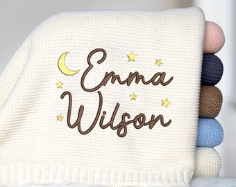 Embroidered Baby Blanket, Moon & Stars Personalized Baby Blanket, Custom Name Baby Blanket, Knit Cotton Blanket, Newborn Baby Shower Gifts