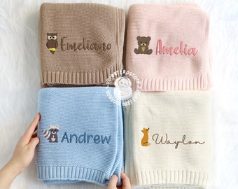 Embroidered Baby Blanket, Personalized Knit Cotton Baby Blanket, Woodland Animal Custom Name Blanket, Gift for Newborns, Baby Shower Gift