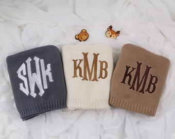 Personalized Knit Baby Blanket, Embroidered Initial Baby Blanket, Monogram Blanket, Baby shower Gift, Soft Cotton Knit, Gift for Newborns