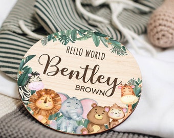 Personalized Baby Name Sign, Birth Announcement Sign for Hospital, Animal Woodland Wood Birth Stat for Newborn Crib Decor Photography Prop