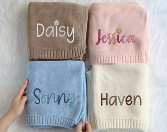 Embroidered Baby Blanket, Custom Baby Name, Personalized Blanket, Newborn Baby Gift, Soft Cozy Cotton Knit, Baby shower Gift