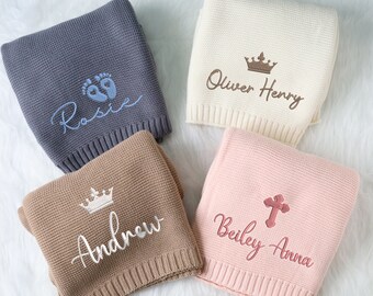 Custom Name Baby Blanket, Embroidered Baby Name, New Mother Baby shower Gift, Stroller Blanket, Soft Breathable Cotton Knit