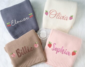 Personalized Baby Blanket, Embroidered Baby Blanket, Custom Name Blanket, Strawberry Baby Blanket, Soft Knit Cotton, Baby Shower Gift