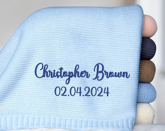 Embroidered Baby Blanket, Personalized Baby Blanket, Custom Baby Blanket Name, Soft Knit Cotton Blanket, Newborn Baby Shower Gifts Boys Girl