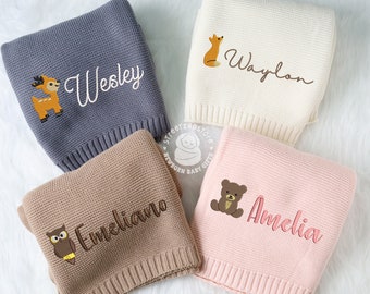Embroidered Baby Blanket, Personalized Knit Cotton Baby Blanket, Woodland Animal Custom Name Blanket, Gift for Newborns, Baby Shower Gift