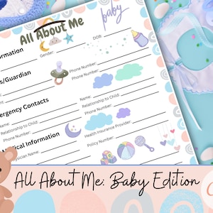 Modello per bambino Note per tata Foglio informativo per bambino Modulo per neonato Informazioni di contatto per asilo nido Modulo per asilo nido Foglio informativo per babysitter Infantile Tutto su di me