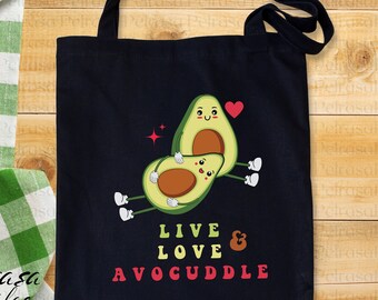 Avocado Tote Bag, Aesthetic Tote Bag, Gift for Avocado Lovers, Avocado Gift, Funny Cute Avocuddle Bag, Black Reusable Cotton Canvas Tote Bag