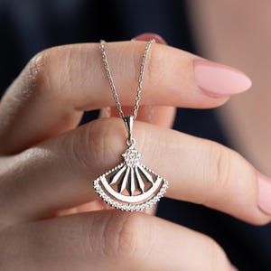 Art Deco Fächer Kette: 925 Silber, Kristall Anhänger