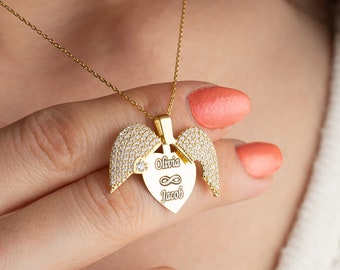 Personalized Heart Necklace • Openable Wings Pendant • Custom Engraved Message Charm • Gift for Her