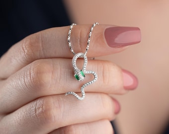 Sterling Silver Snake Necklace: Emerald Green Stone Serpent Pendant