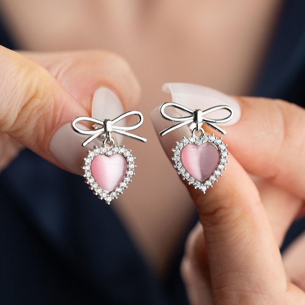 Pink Cat Eye Heart Earrings, Bow Accent, Sterling Silver