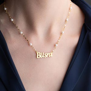 Personalized Name Necklace With Pearl Chain, Gold Name Necklace, Freshwater Pearl Necklace With Name, Bridesmaid Gift, Natural Pearl Chain