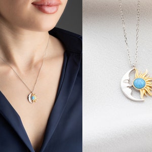 Opal Sun and Moon Necklace, Celestial Necklace, Blue Opal Sun Necklace, Moon Necklace, Unique Design Crescent Moon and Sun Necklace For Her