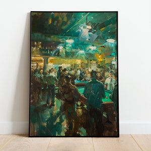 May include: A painting depicting a dimly lit pool hall with a green felt snooker table and several people playing. The painting is executed in a realistic style, with a focus on the figures and the snooker table.