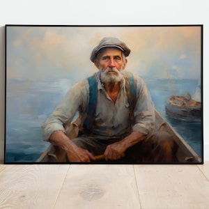 Pescador francés Vintage pintura al óleo viejo pescador pintura marinero pescador pintura marítima digital descargar imprimible pared arte cartel