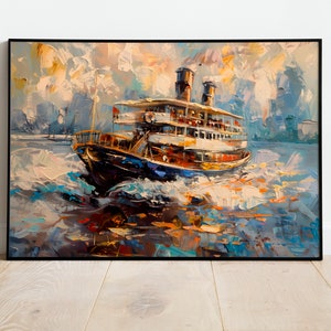 Riverboat vintage style oil painting Maritime Art Impressionistic Boat Painting Sailing Art Sunset painting Ferryboat wall art harbor scene