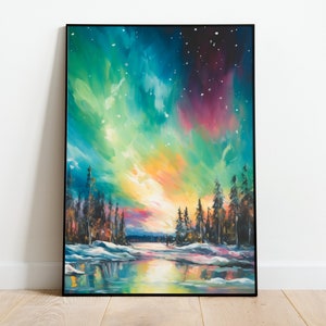 Aurora Borealis Oil Painting Northern Lights Oil-Painting Abstact Landscape Colorful Vintage Digital Download Printable Wall Art Poster